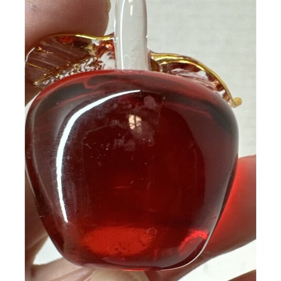 Mini Miniature Apple Fruit Hand Blown Red Art Glass Applied Gold Leaves - Picture 4 of 6